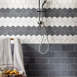 Shower with Linen 4" Hex and 4-3/4 x 9-1/2. Dapper Grey and Summer White. By Lunada Bay Tile.