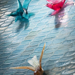 Art wall with Luce Feather in Mineral Springs Pearl and glass bird sculptures by Lunada Bay Tile
