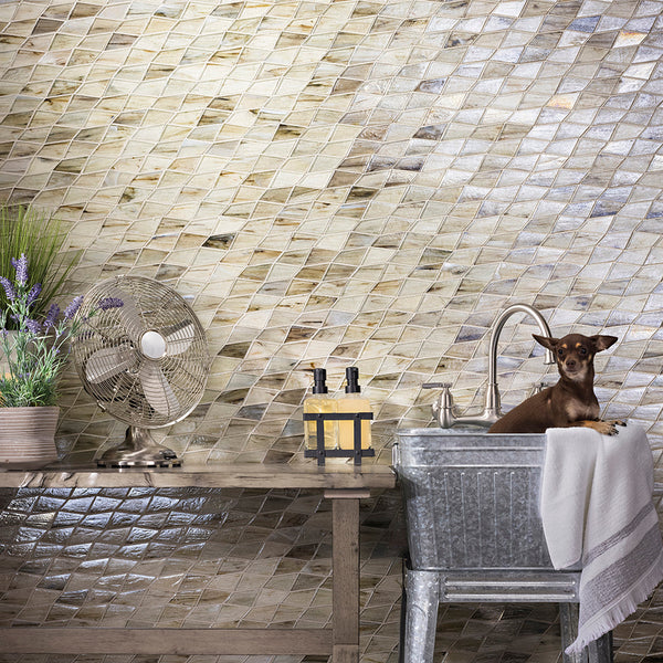 Laundry room w/ Lapis Pulse pattern in Flicker Pearl by LBT