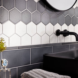 Bathroom with Linen 4" Hex and 4-3/4 x 9-1/2. Dapper Grey and Summer White. By Lunada Bay Tile