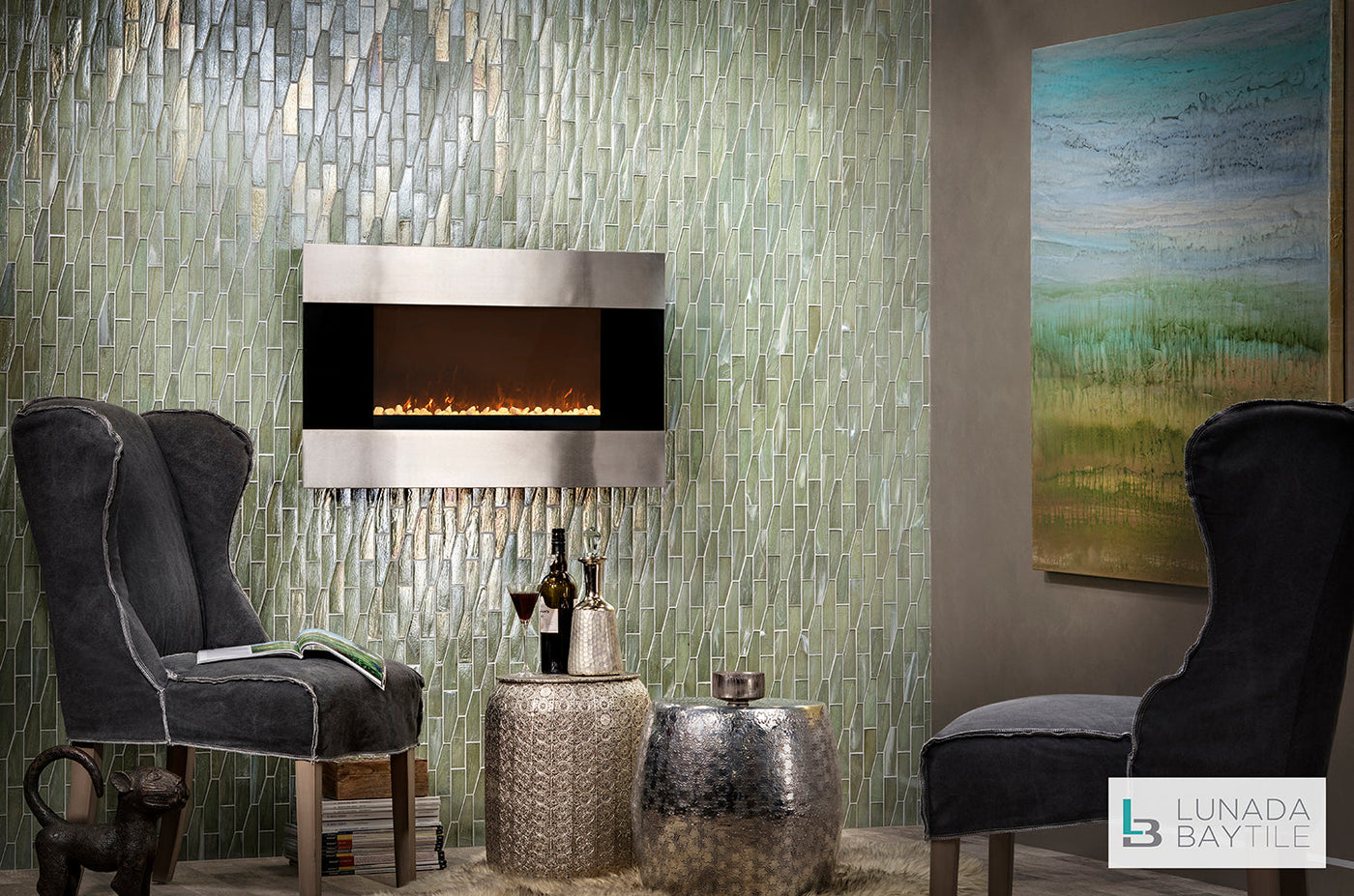 luceさま Fireplace wall w/ Luce Clipper in Bamboo Garden Pearl by LBT