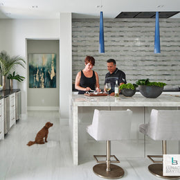 Mixed Media Glass & Ceramic striped wall with Luce Fin in Sugar Cake Pearl and Shinju Mirai Zen Garden in Moonstone